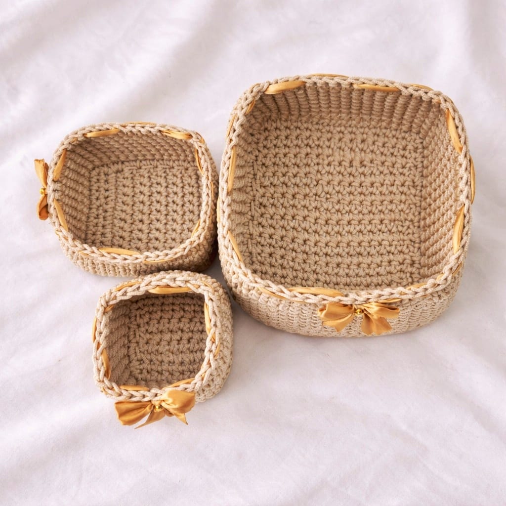 pack 3 pièces panier carrée avec ruban